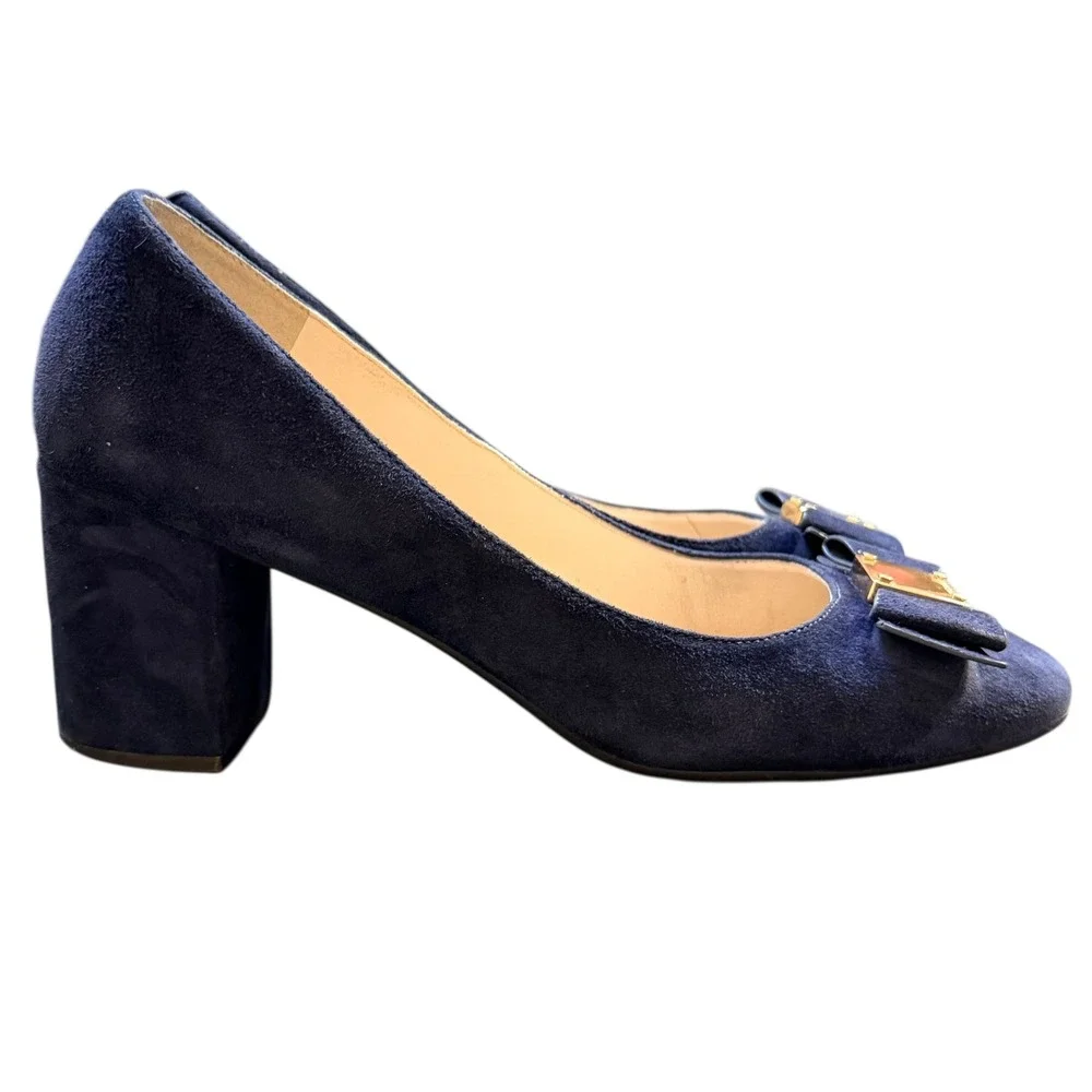 Cole Haan Womens Tali Bow Block Heel Pump Blue Suede Feminine Career Size‎ 7B